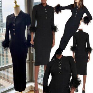 🆕 REBECCA VALLANCE 🧿 NWOT Soraya Feather-Trimmed Knit Midi Dress, Black - Sz S